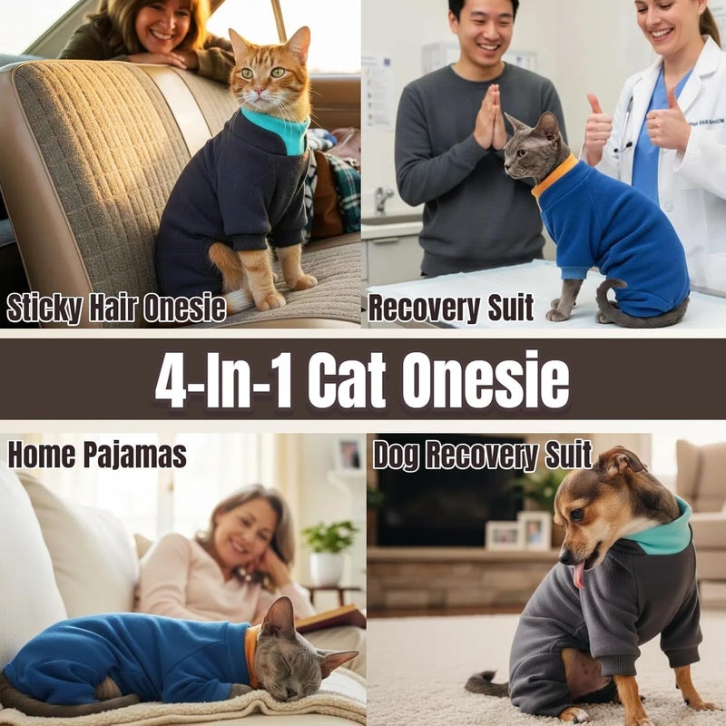T'CHAQUE Sticky Hair Cat Onesie - Soft Long Sleeve Cat Pajamas, Anti-Shedding,Surgery Recovery Suit, Wound Protection & Preventing Licking, Kitten Sweaters for Male Female, Blue-XS - Image 3